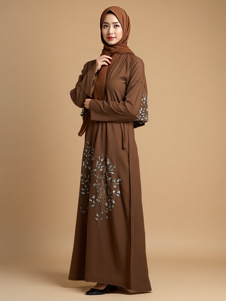 Open Button Up Kimono Abaya - Russet